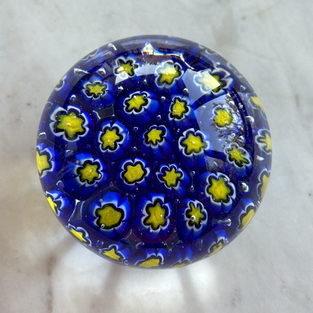 Millefiori Blown Glass Paperweight Vintage Art Glass cobalt blue yellow round